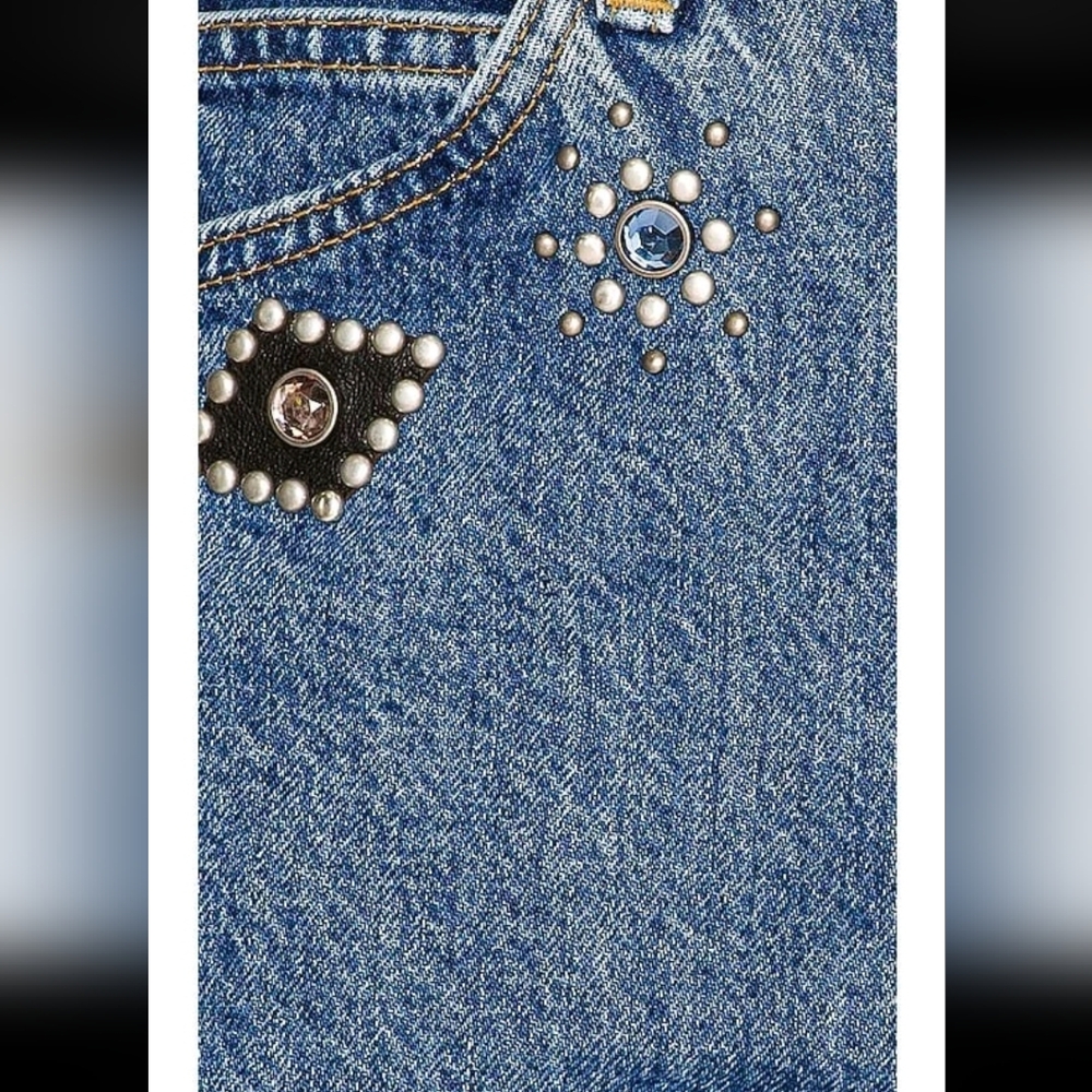 Re/Done Blue Straight Leg Jeans with Beaded Embellishments - Picture 6 of 10